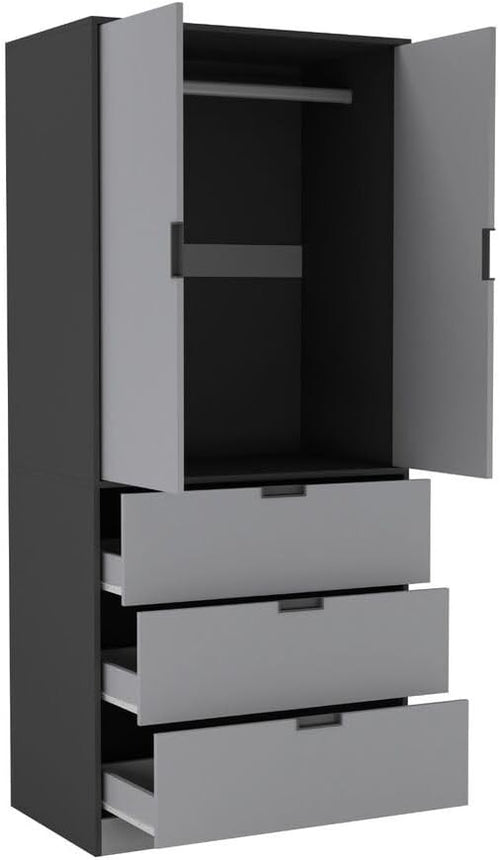 Modern Wardrobe Black Oak 2 Door 3 Drawer Unit H180cm Clothes Storage