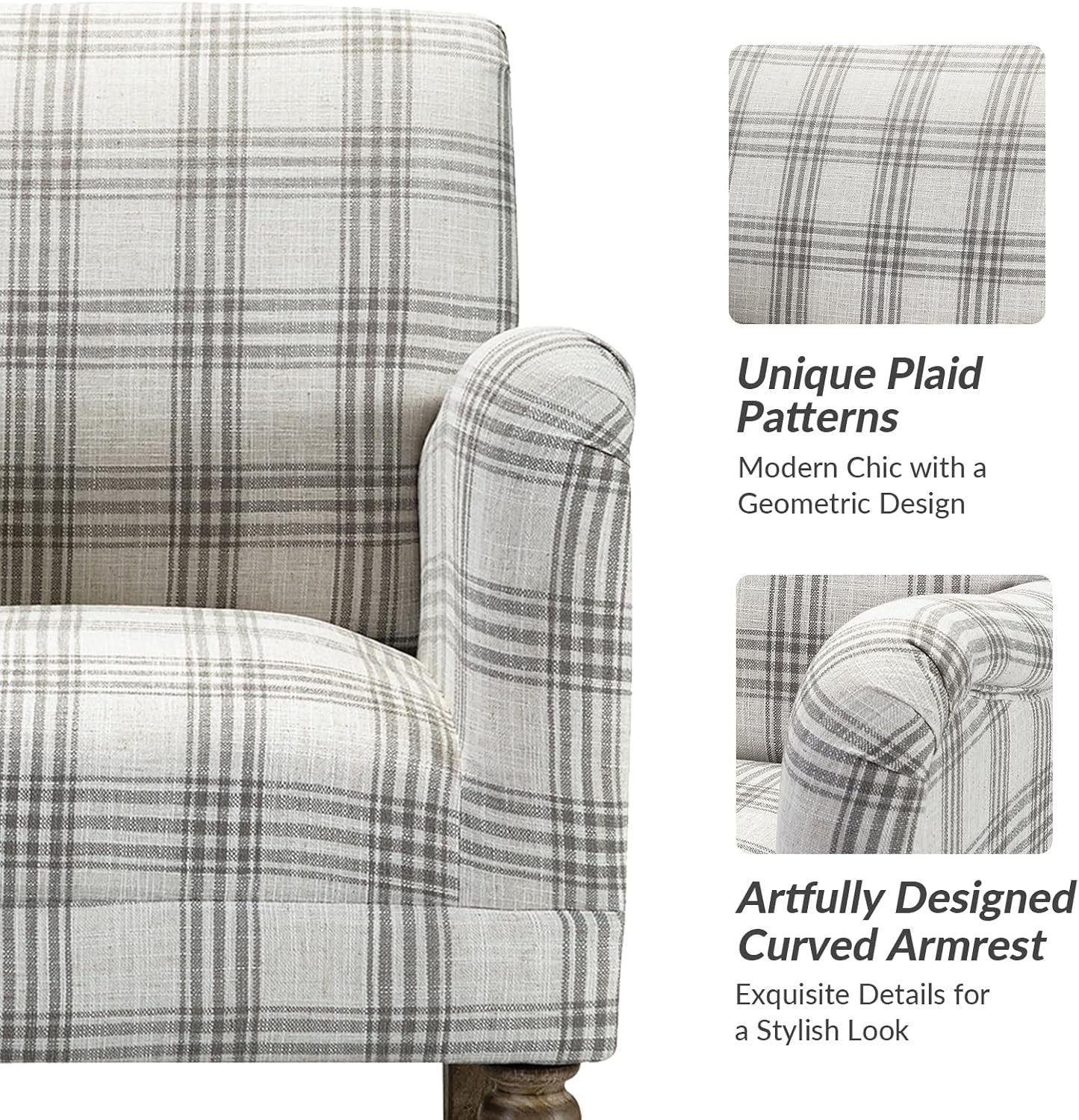 Grey Plaid Accent Chair Upholstered Armchair Comfy Seat for Living Room