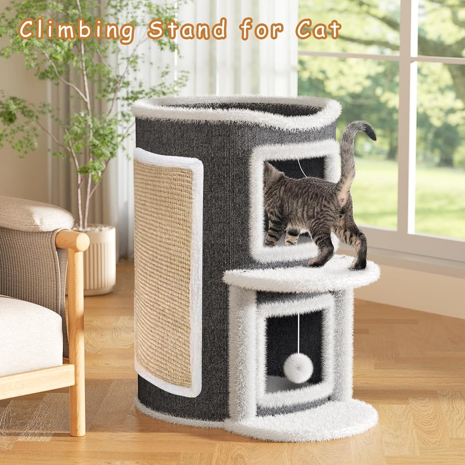 2 Tier Cat House Condo Large Cat Cave Bed w Scratch Pad Hanging Ball