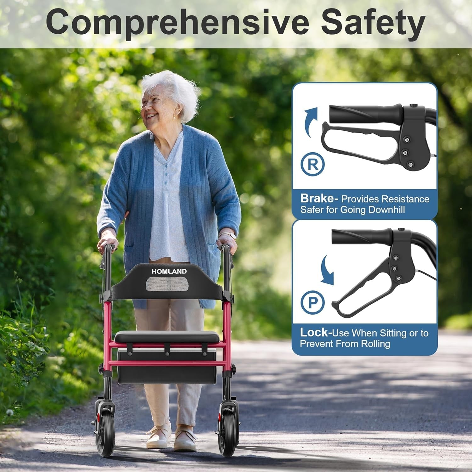4 Wheel Rollator Walker with Seat Big Wheels Folding Adjustable Handles