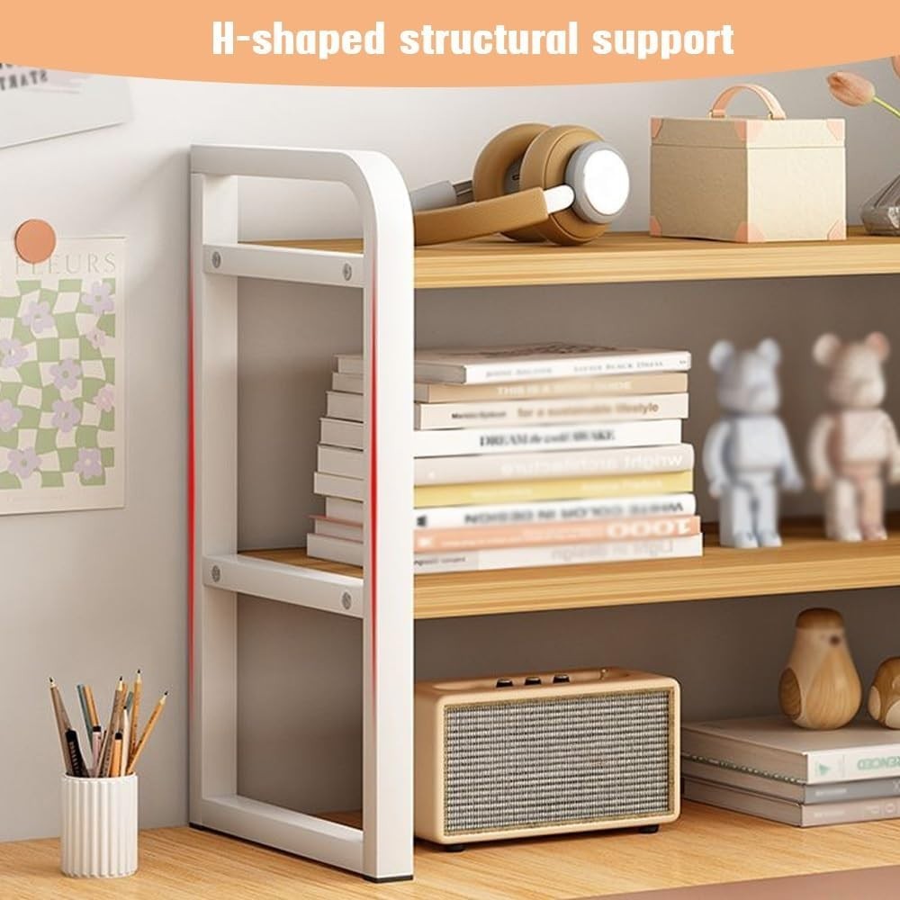 Black Desktop Bookshelf 2-Tier Mini Desk Hutch Countertop Storage Rack 50cm