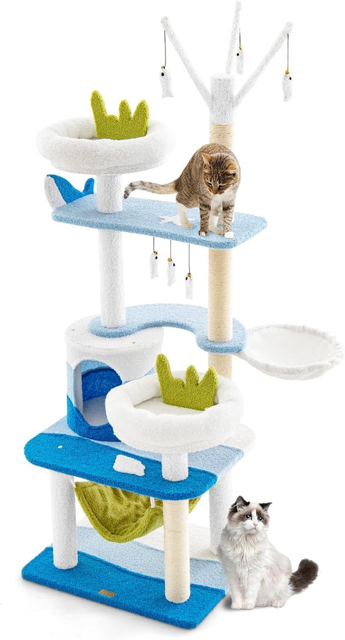 165cm Blue White Cat Tree Multi-Level Condo Hammock Sisal Scratching Tower