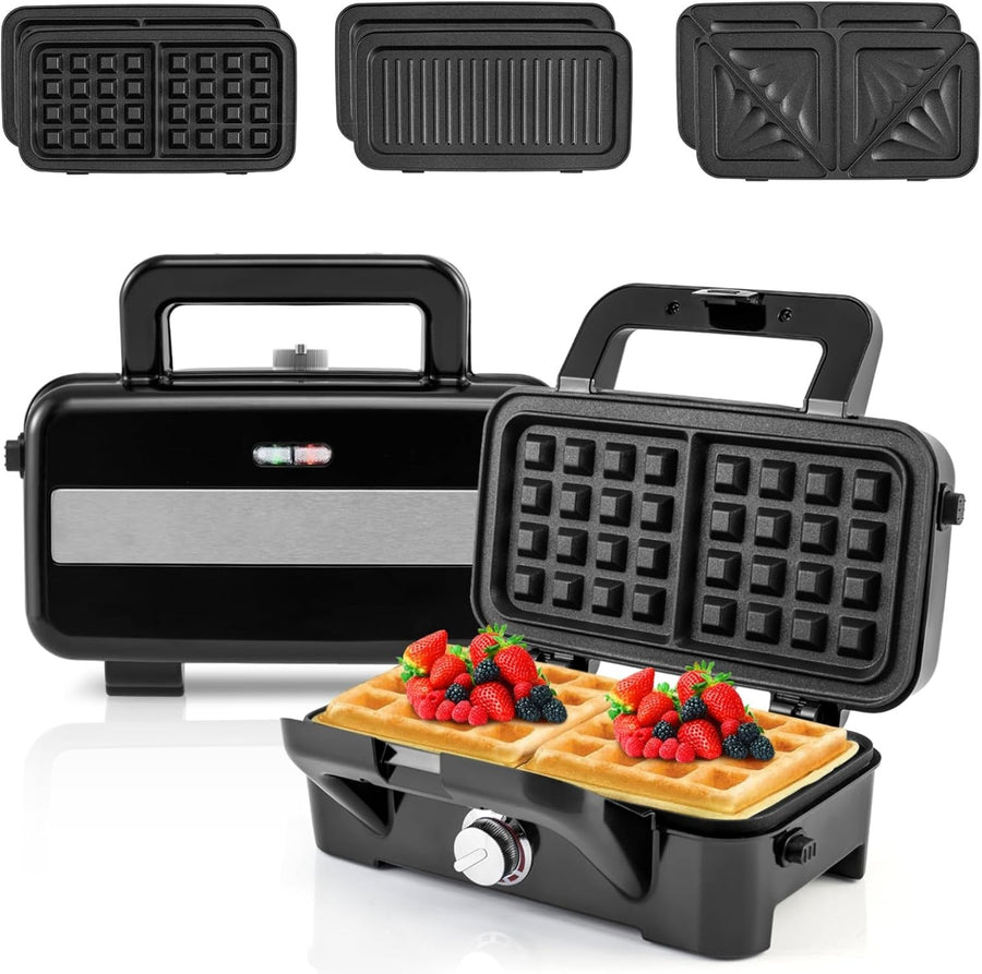 3-in-1 Sandwich Maker 28x15x28cm Non-Stick Plates Waffle Panini Grill