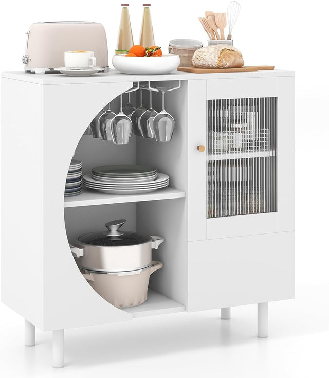 White Kitchen Buffet Sideboard 80cm Wooden Storage Cabinet Glass Doors