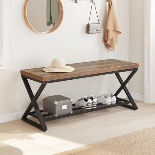 Rustic Oak Industrial Entryway Storage Bench Metal Frame Shoe Rack Seat 99x36x46
