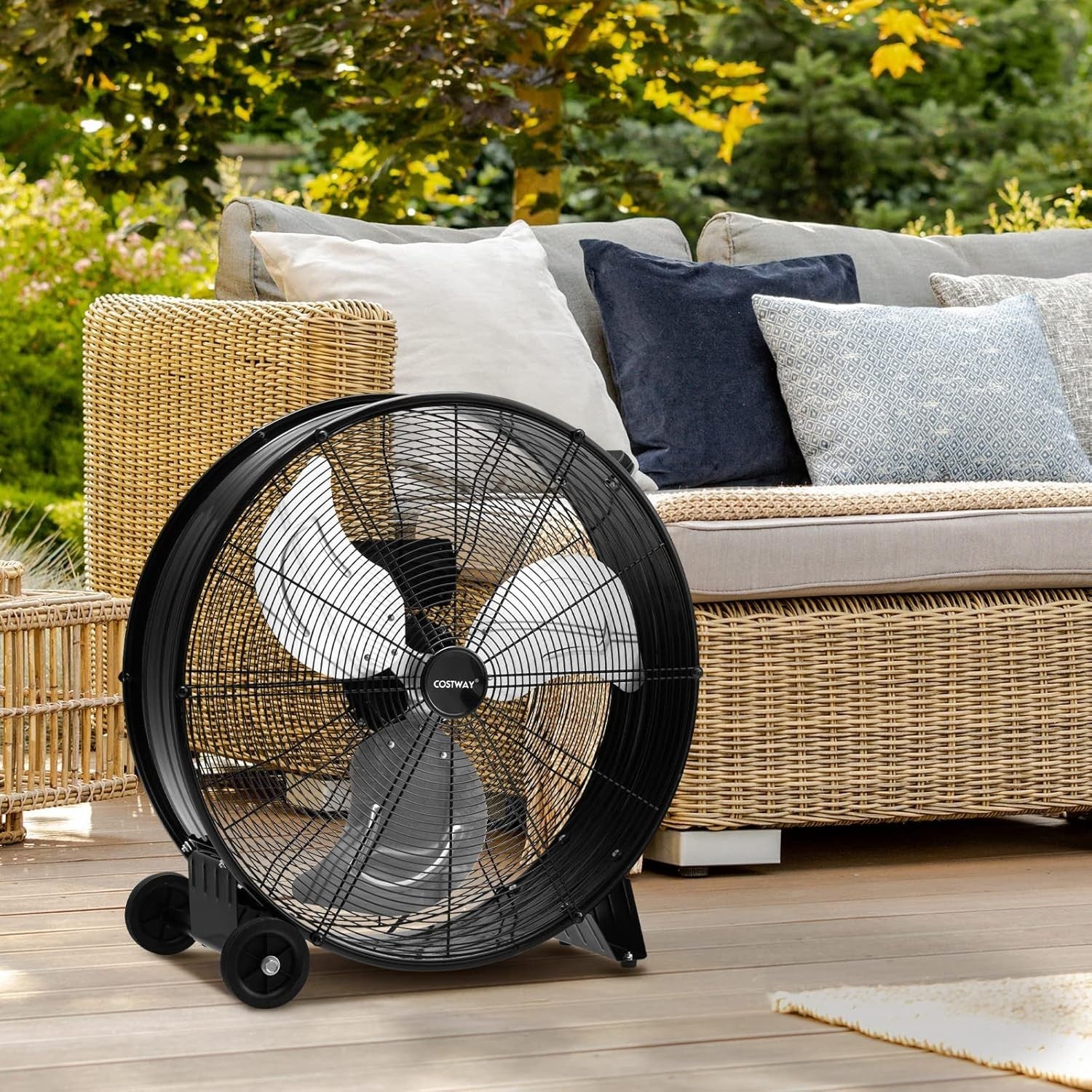 Large 24-Inch Industrial Drum Fan – 3 Speed Metal Floor Cooling Fan with Wheels