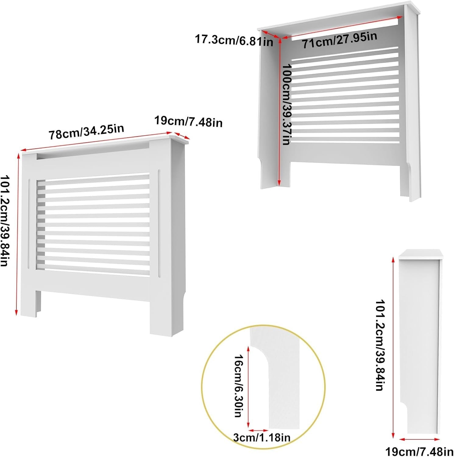 Tall Radiator Cover White MDF Cabinet | Horizontal Slats Modern Shelf 100cm