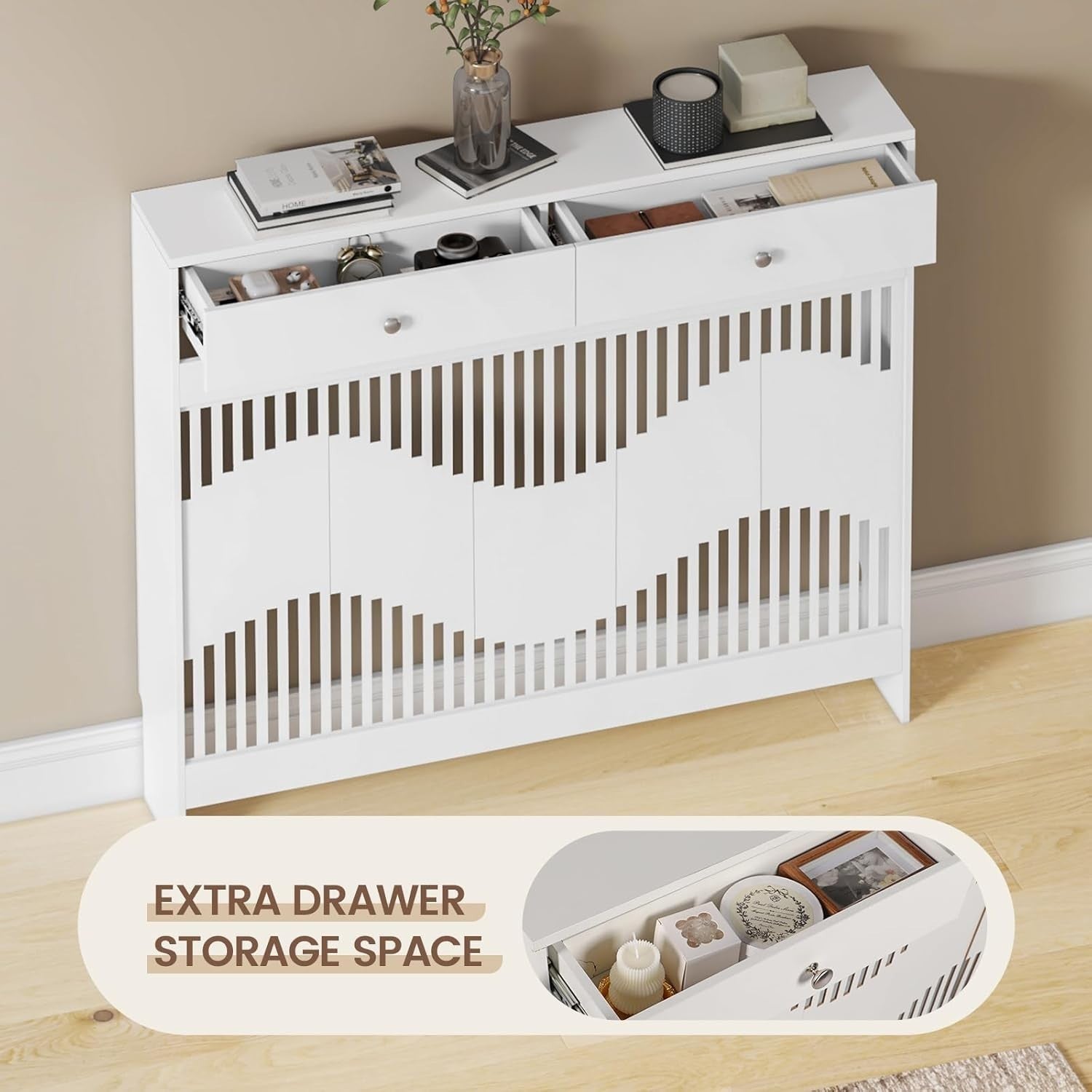 White Radiator Cover Cabinet with Drawers Modern MDF Storage Shelf, Medium