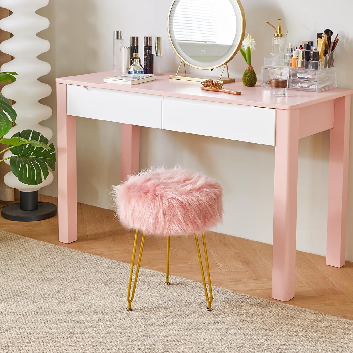 Pink Faux Fur Vanity Stool with Storage – Soft Round Makeup Chair