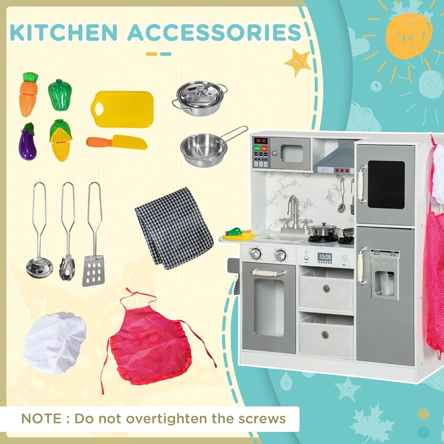 Wooden Kids Play Kitchen White w/ Lights Sounds Ice Maker Set