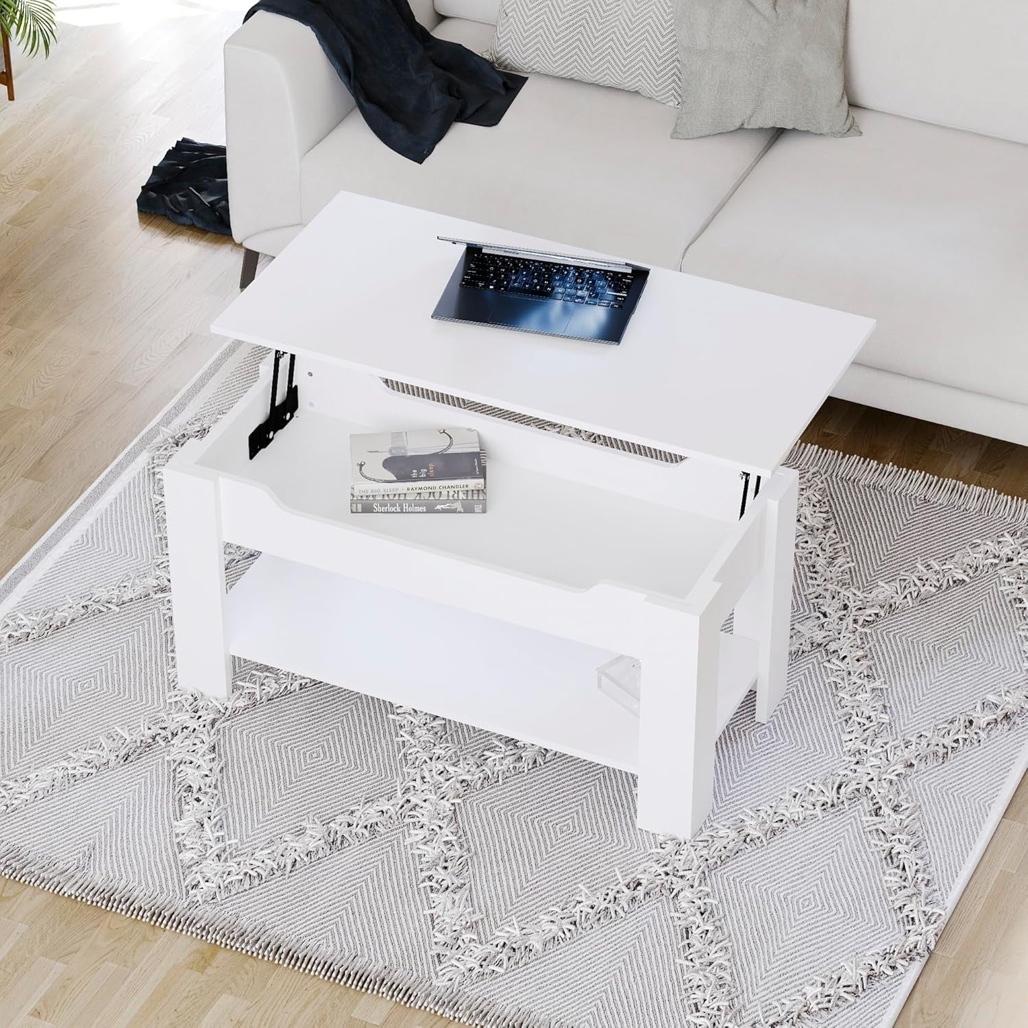 Lift-Up Coffee Table with Hidden Storage & Shelf White 100x48x48cm