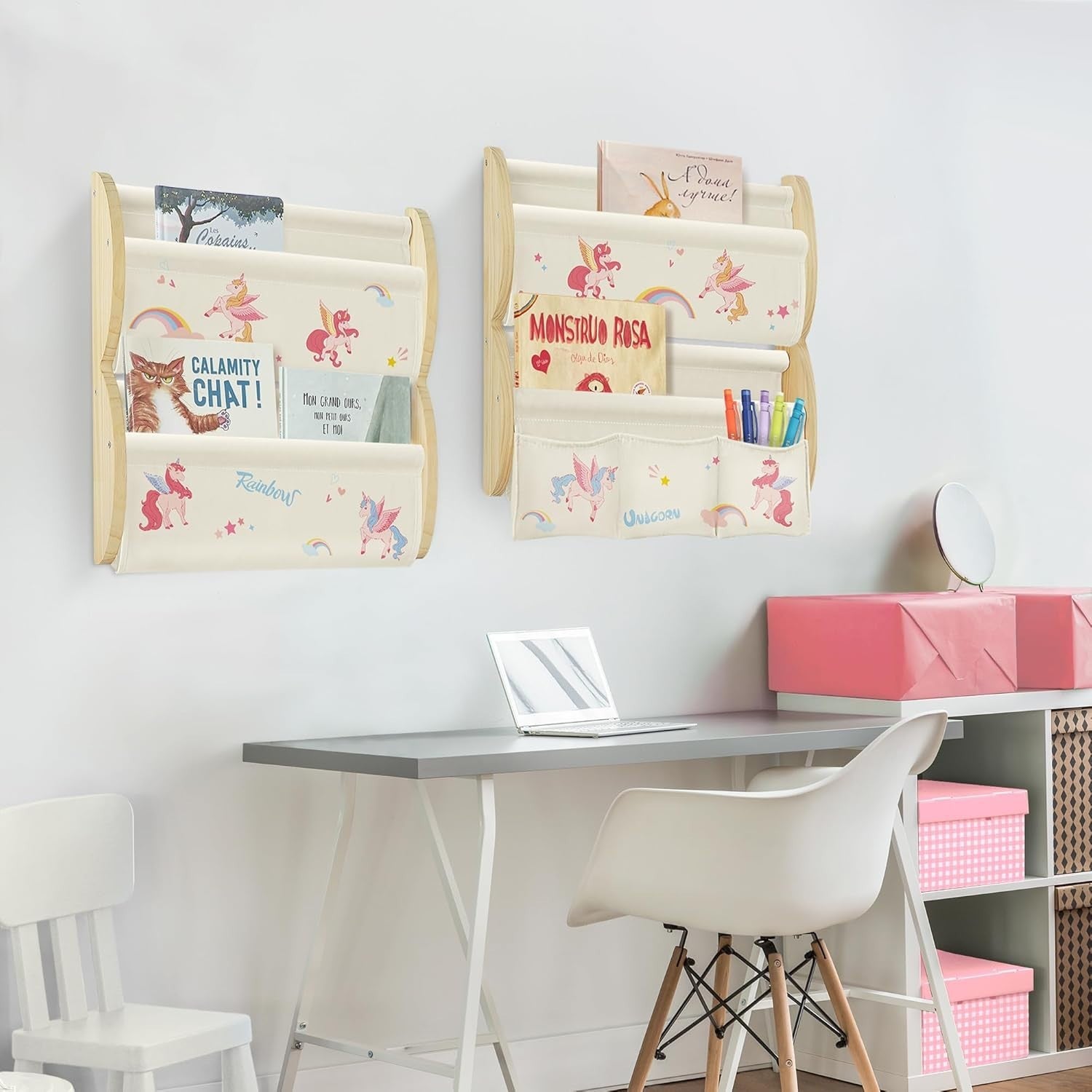 Kids Wall Mounted Bookshelf 4 Tier Floating Shelf with Pockets – Unicorn
