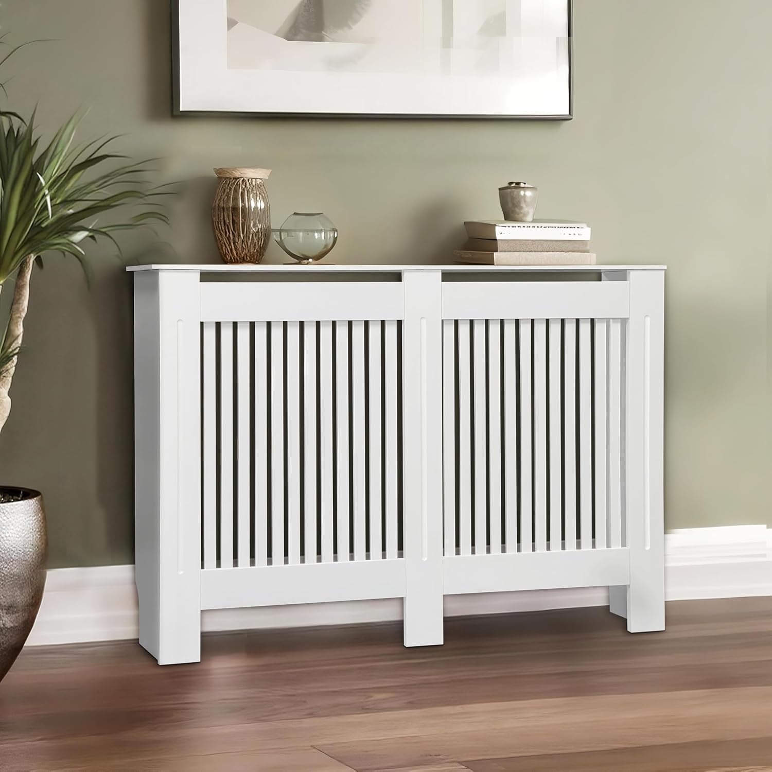 Large White Radiator Cover Cabinet 92cm Tall MDF Vertical Slat Heater Cover