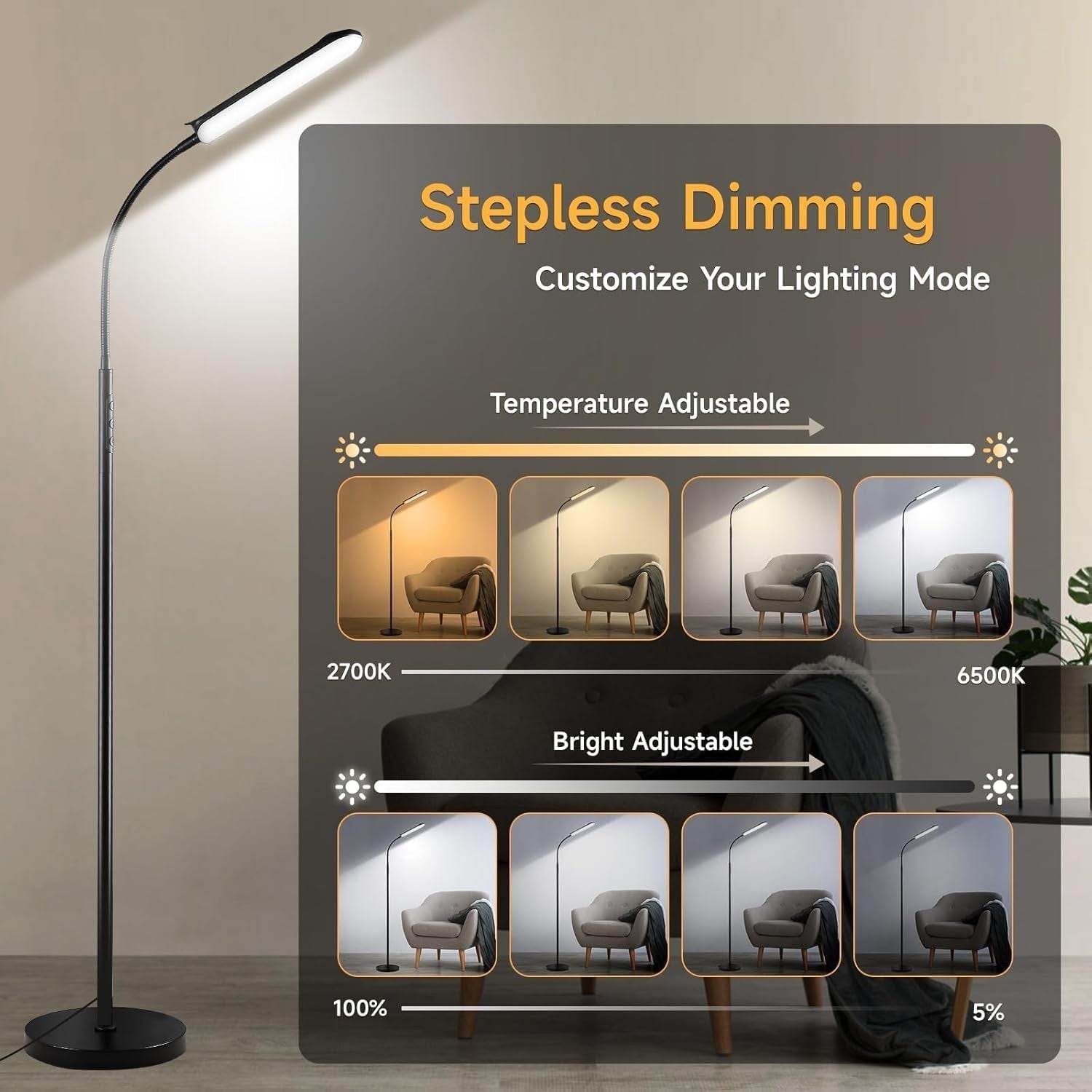 LED Uplighter Floor Lamp Dimmable Remote Touch Reading Light Tall Black