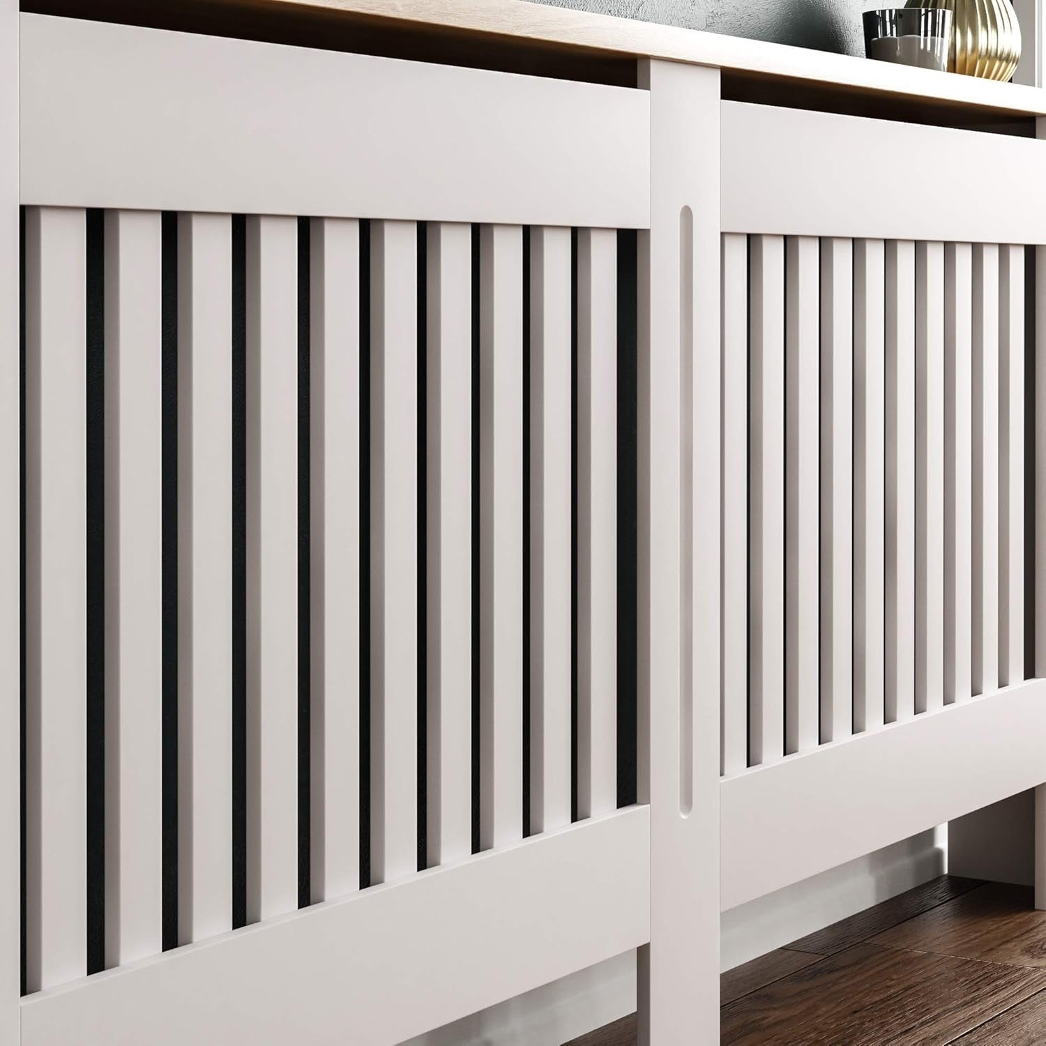 Extra Large White Radiator Cover Cabinet MDF Slatted Grill with Wooden Top Shelf