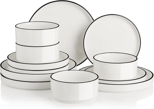 12pc Porcelain Dinnerware Set White Black Rim Plates Bowls Dishwasher Safe