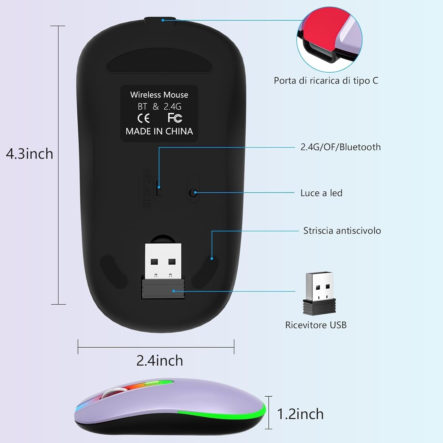 Rechargeable Wireless Mouse Bluetooth 2.4G 1600 DPI RGB