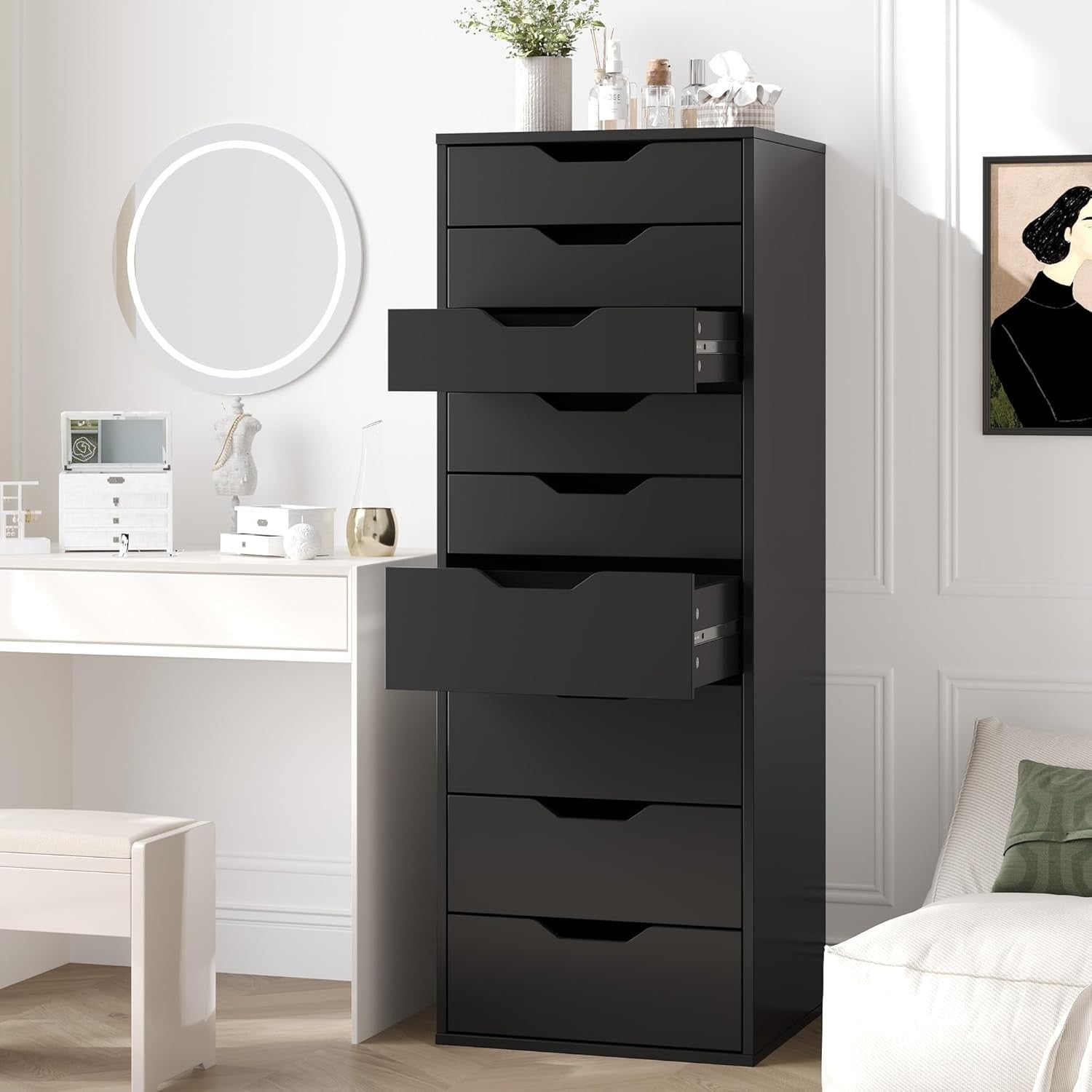 Tall Black 9 Drawer Chest Storage Cabinet Dresser Unit 124x45x40cm Modern