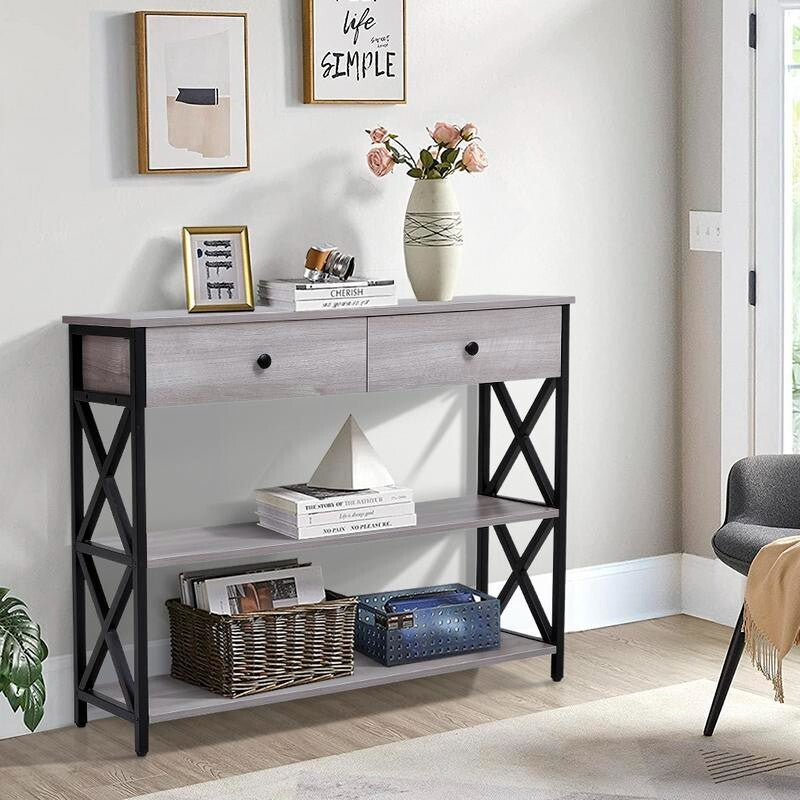 Rustic Grey Narrow Wooden Console Table with Drawers