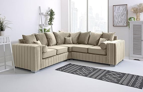 Luxury Velvet Corner Sofa 5 Seater 2C2 L Shape Cream Couch Chrome Legs