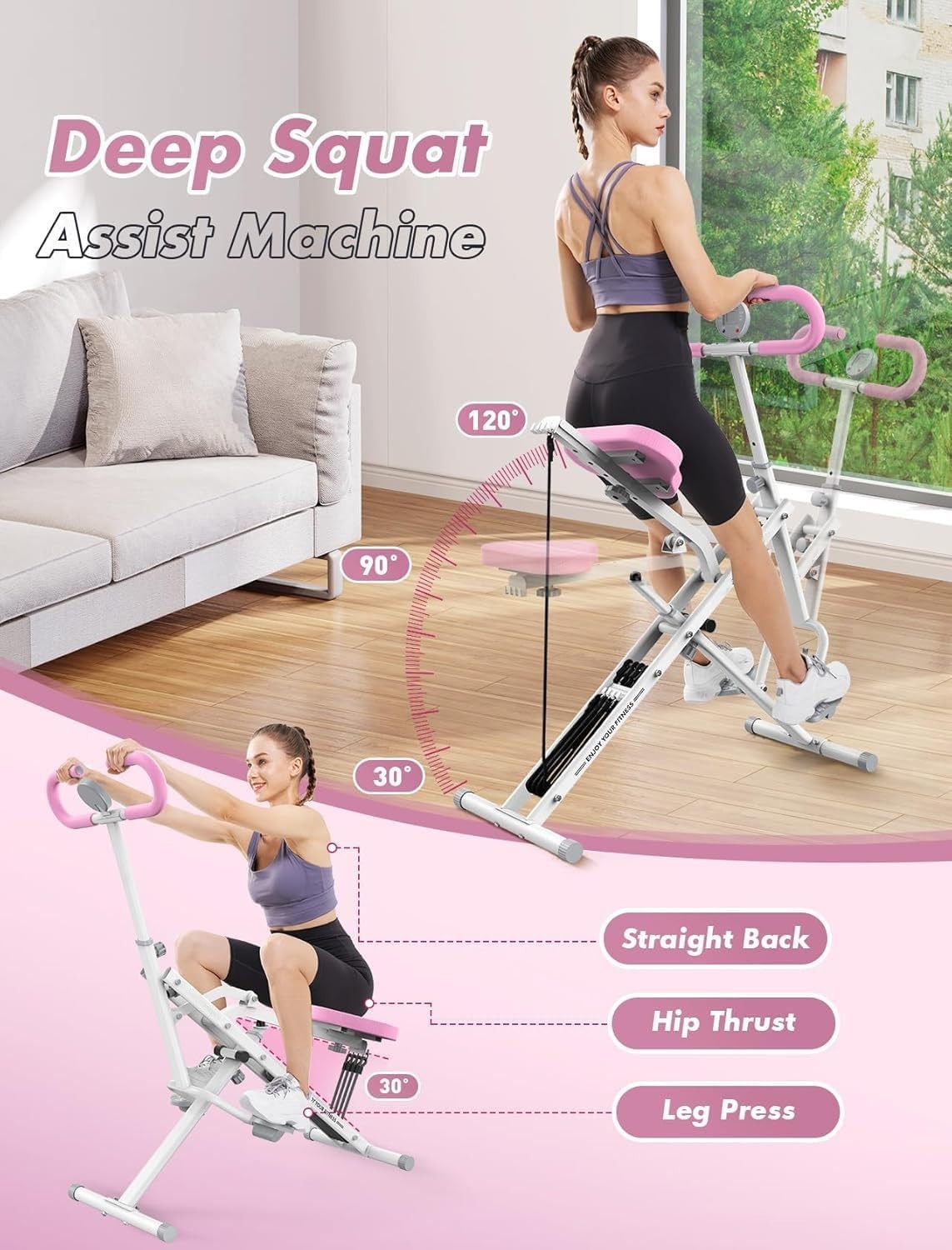 330lbs Squat Machine Foldable Home Gym Rowing Glute Trainer w Bands