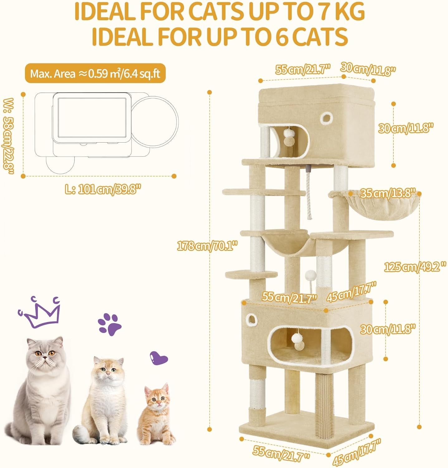178cm Tall Cat Tree Tower Multi-Level Scratching Posts Condos Large