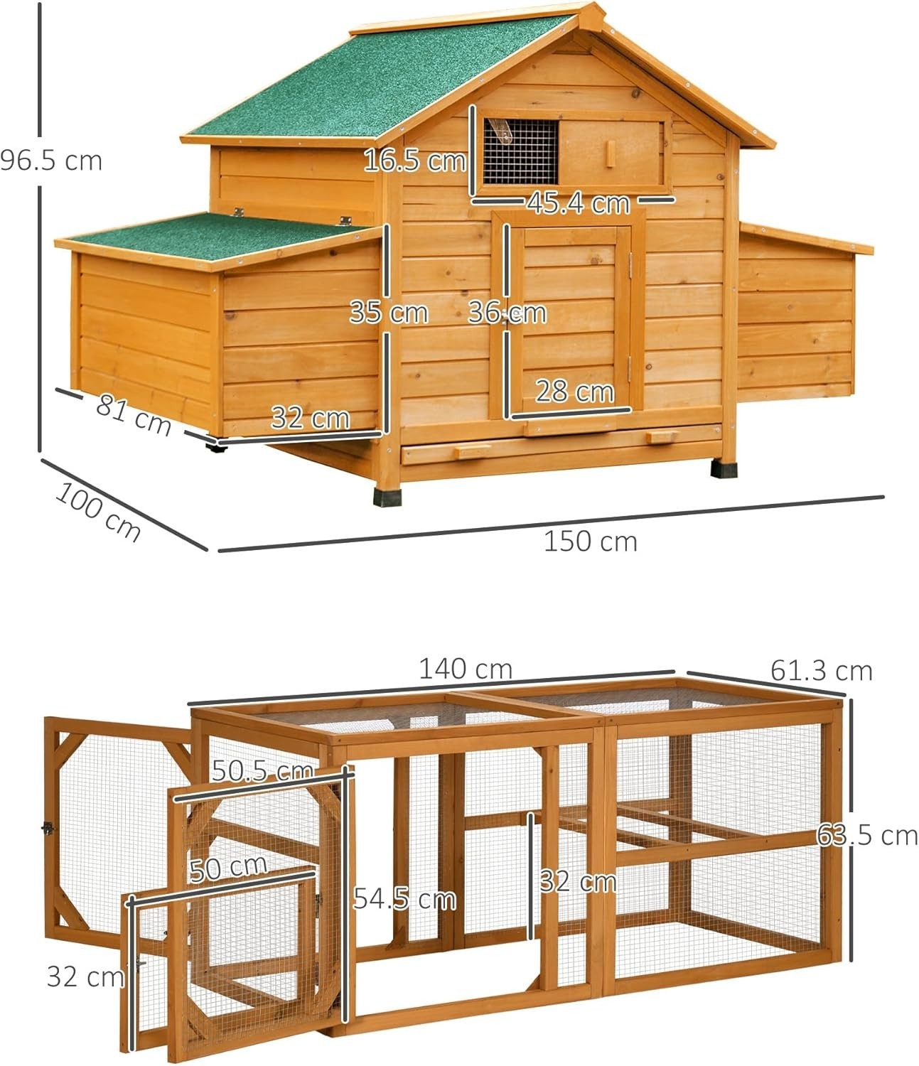Large Wooden Chicken Coop & Run 150x100x96cm 8 Birds