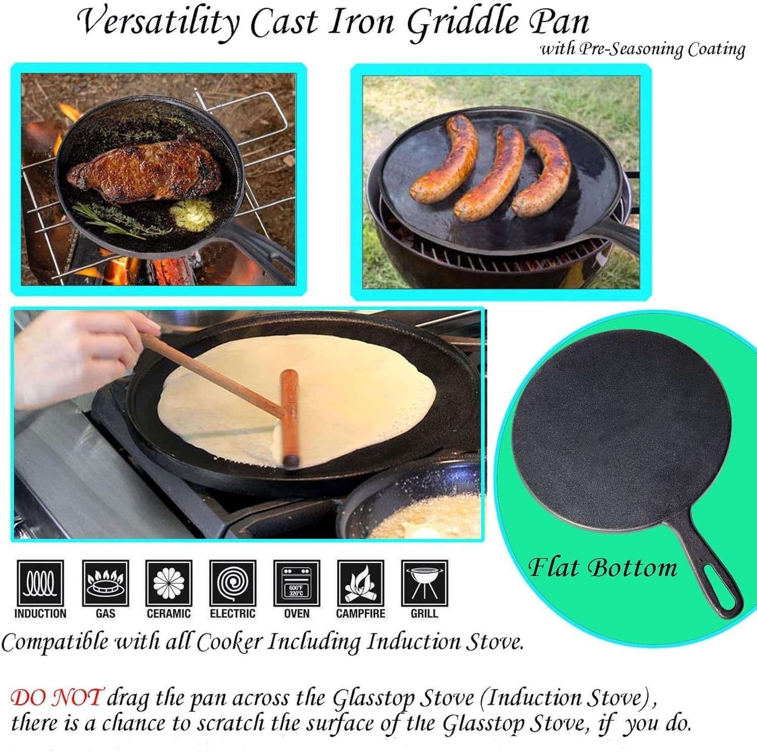 28 cm La Cuisine Pre-Seasoned Cast Iron Crepe & Roti Pan Induction Safe