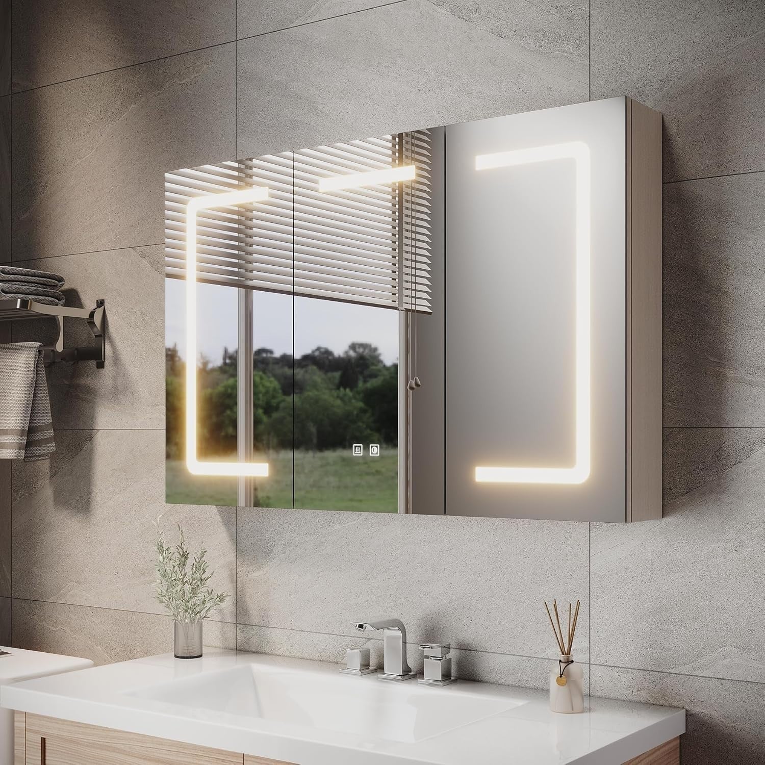 LED Bathroom Mirror Cabinet 900x600mm 3 Door with Shaver Socket & Defogger
