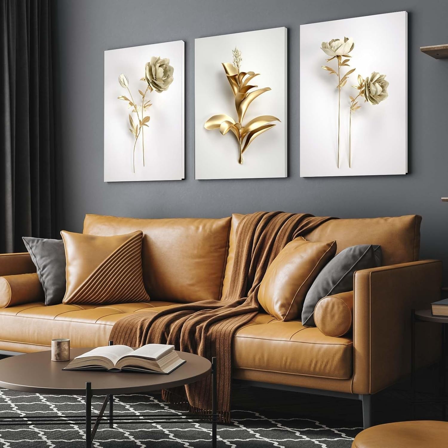 3-Piece 3D Gold Flower Canvas Wall Art – Luxury Modern Floral 12x16in