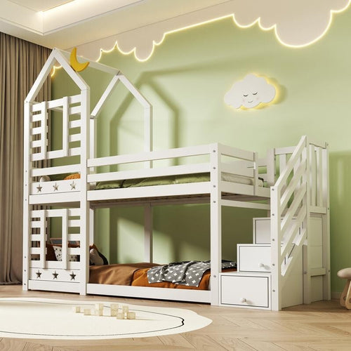 White Wooden Kids Bunk Bed with Storage Stairs Cabin Style 3FT Pine Twin Sleeper