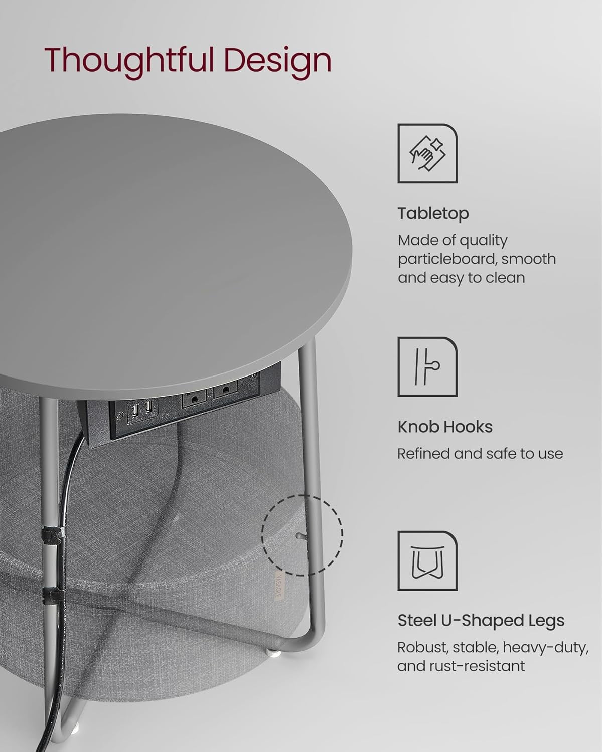 Grey Round Bedside Table with Charging Station & Fabric Basket Storage