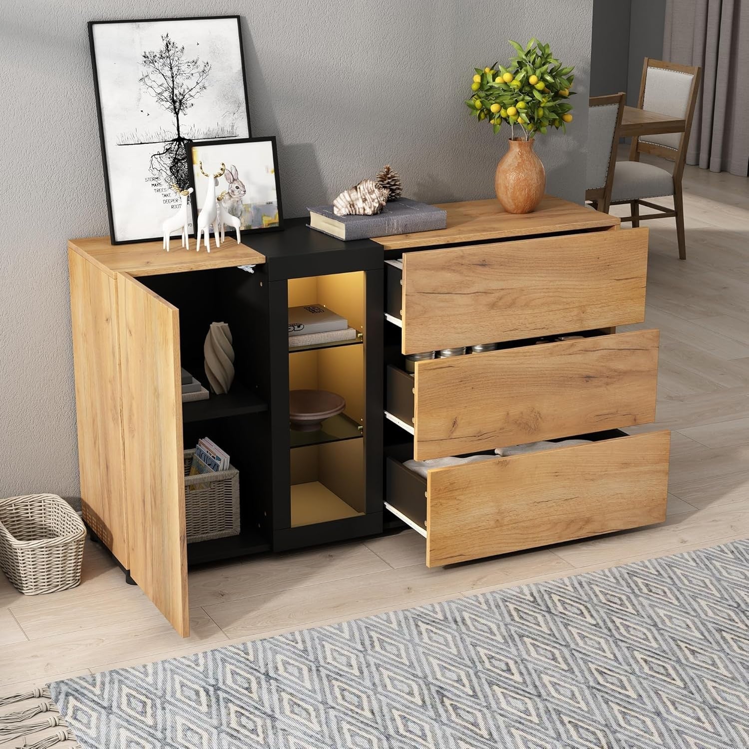 LED Sideboard Cabinet Glass Door 3 Drawers Storage Unit Brown Black