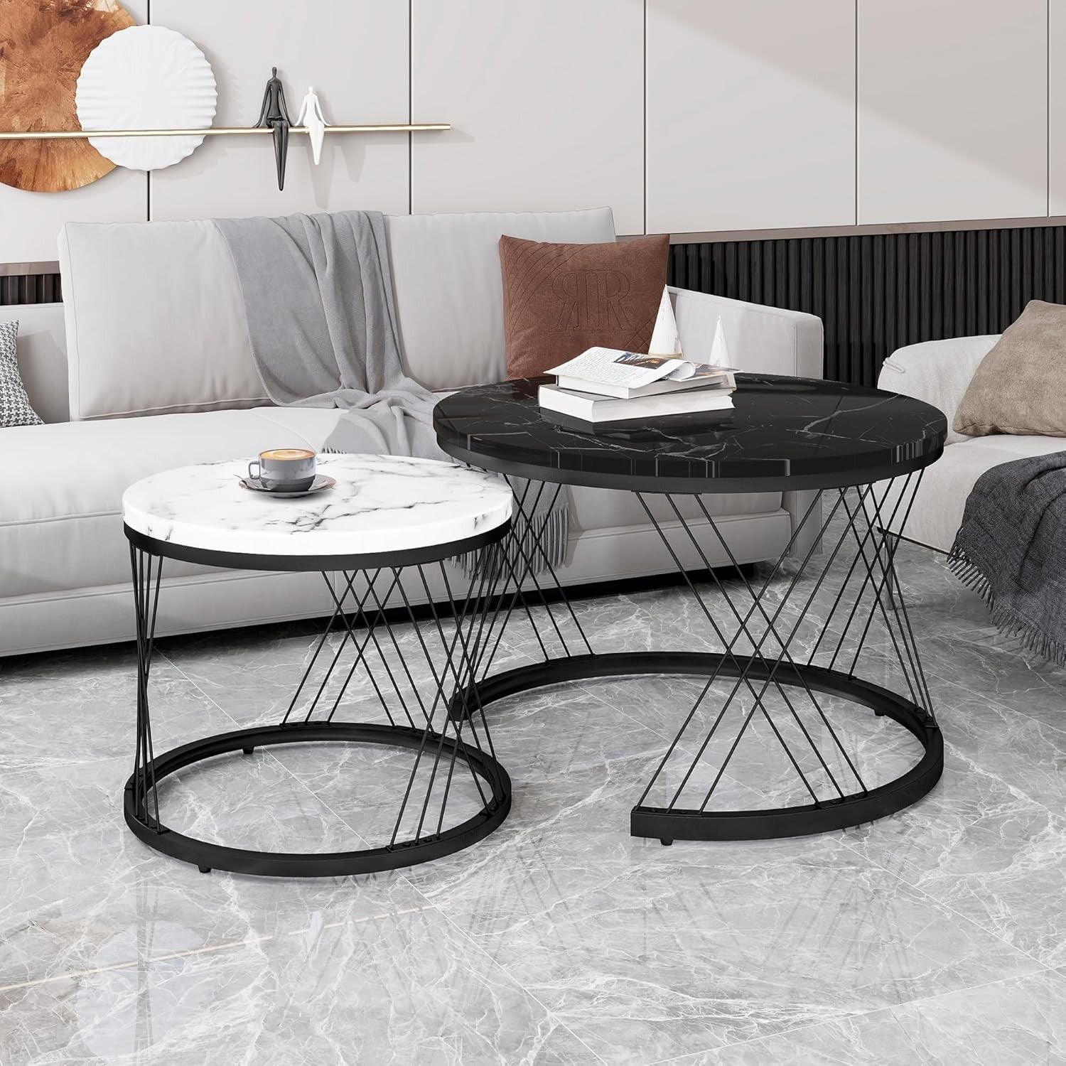 ModernLuxe 2-in-1 Round Coffee Table Set with Marble Top & Rattan Drawer