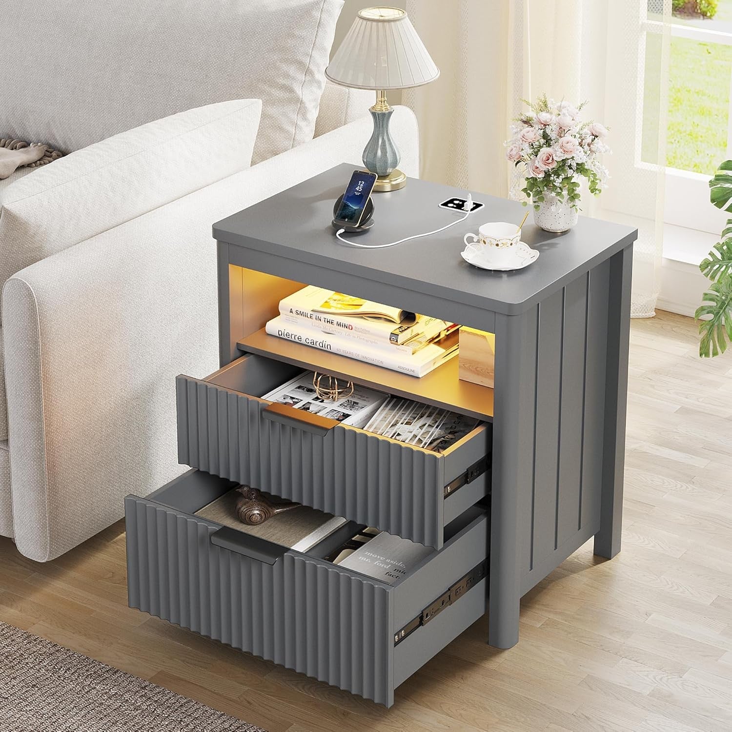 Set of 2 Grey 24" Bedside Tables with Charging Station, LED Light & 3 Drawers