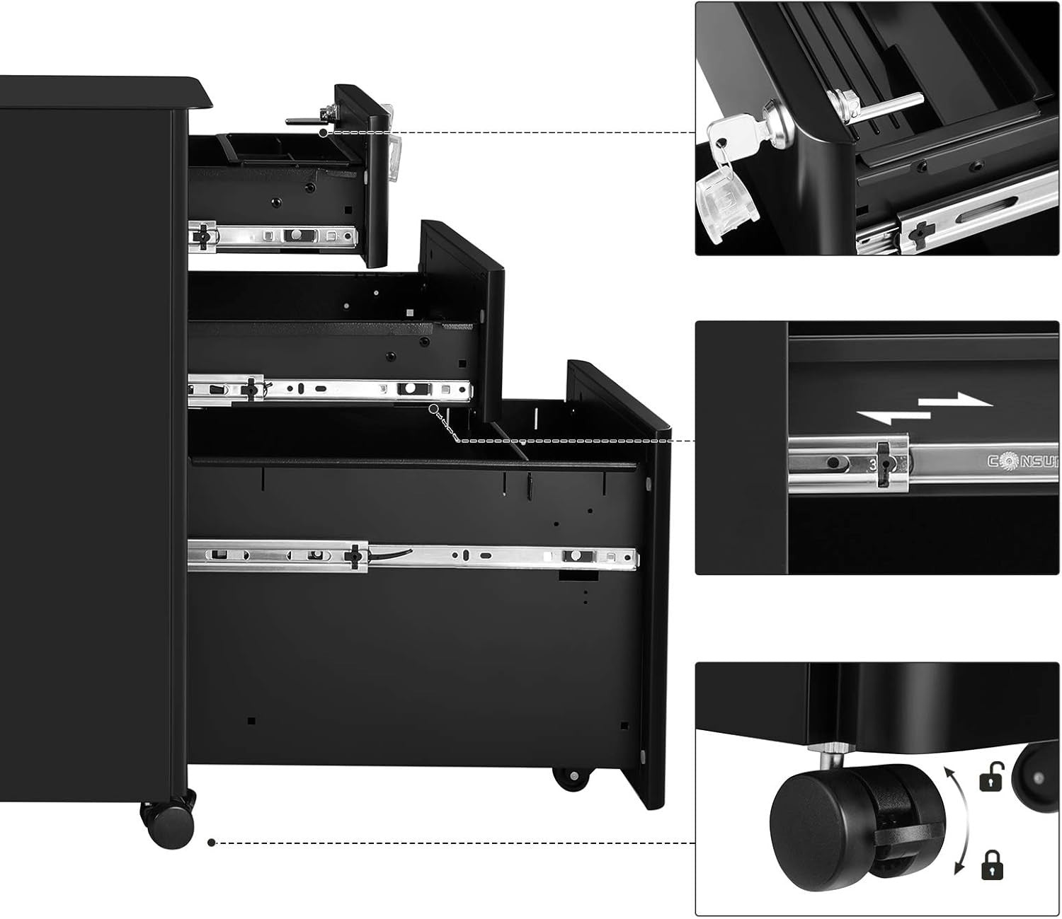 Black Mobile File Cabinet 46x30x59cm Lockable 3 Drawer Steel