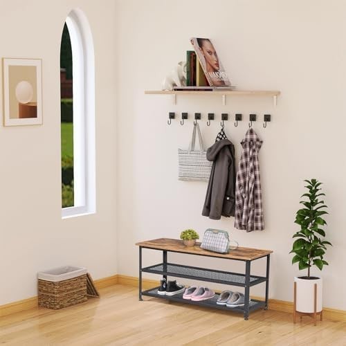 Rustic Brown Industrial Shoe Bench 100cm Storage Rack with Mesh Shelves