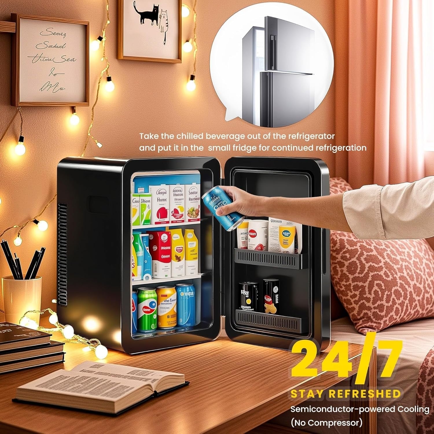 22L Mini Fridge Portable Cooler & Warmer Bedroom Office Car Black