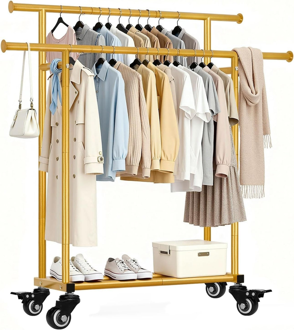 Heavy Duty Double Rail Clothes Rack with Wheels & Shelf – Gold