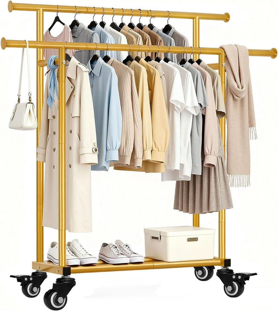 Heavy Duty Double Rail Clothes Rack with Wheels & Shelf – Gold