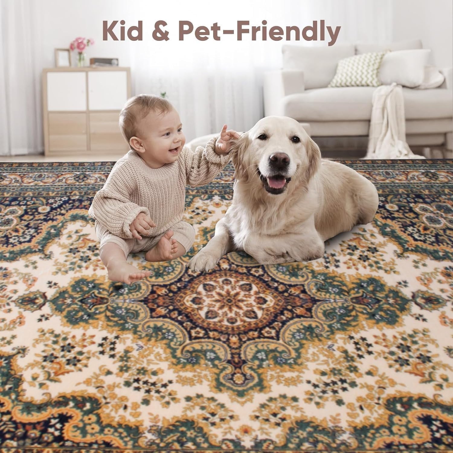 Green Vintage Oriental Rug 160x230cm Washable Low Pile Living Room Carpet