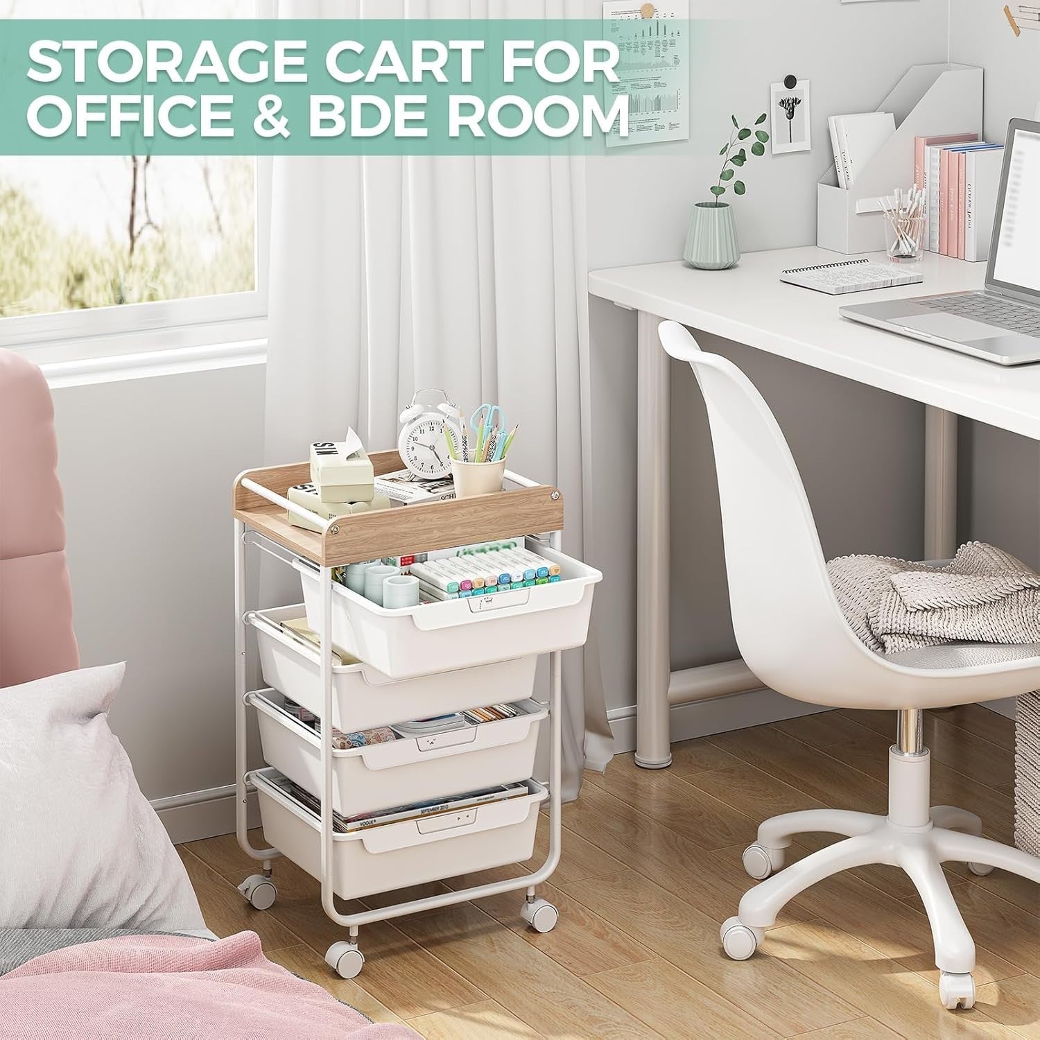 White 4 Drawer Rolling Storage Trolley Craft Office Organizer Cart