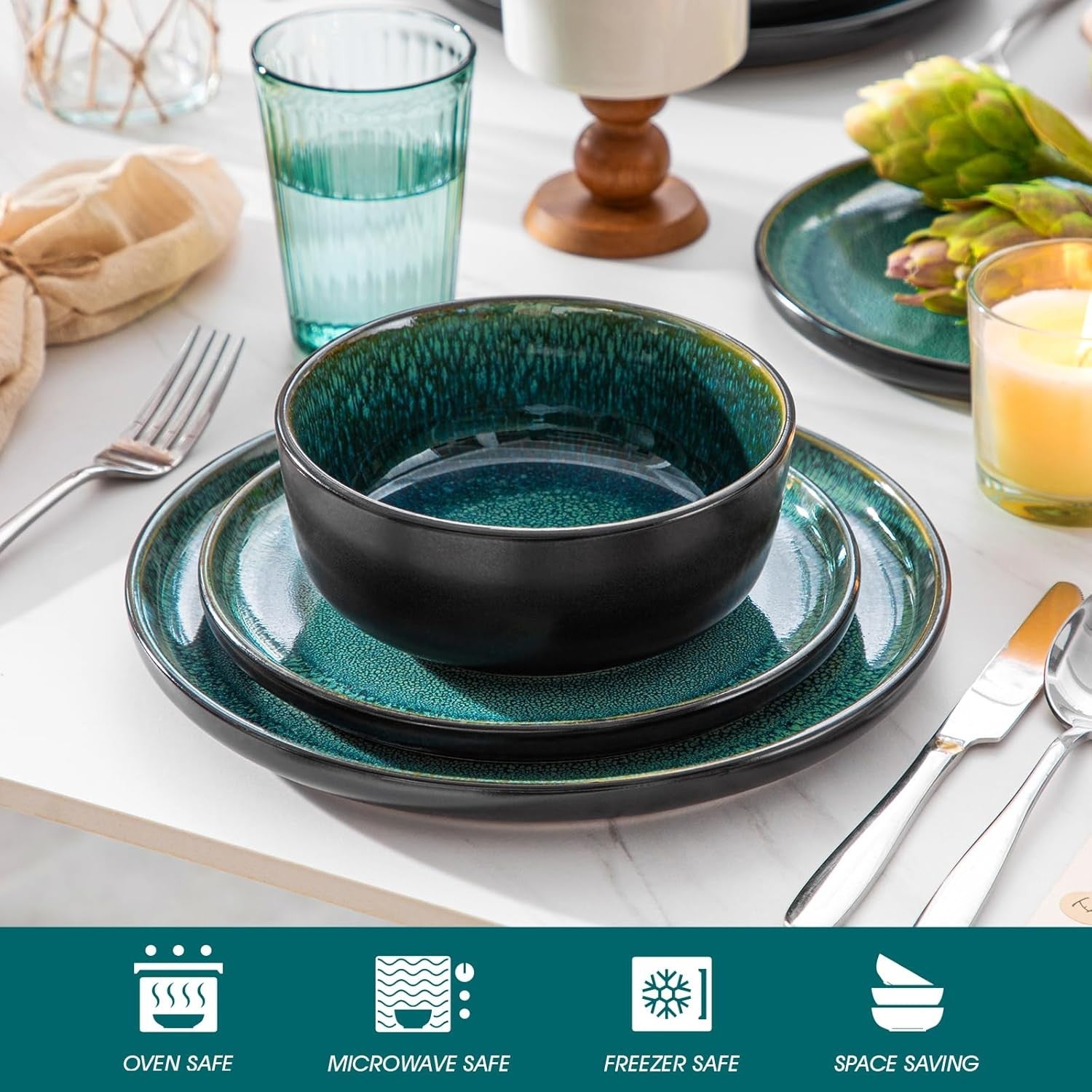 18pc Green Stoneware Dinner Set Reactive Glaze Plates Bowls Microwave Safe
