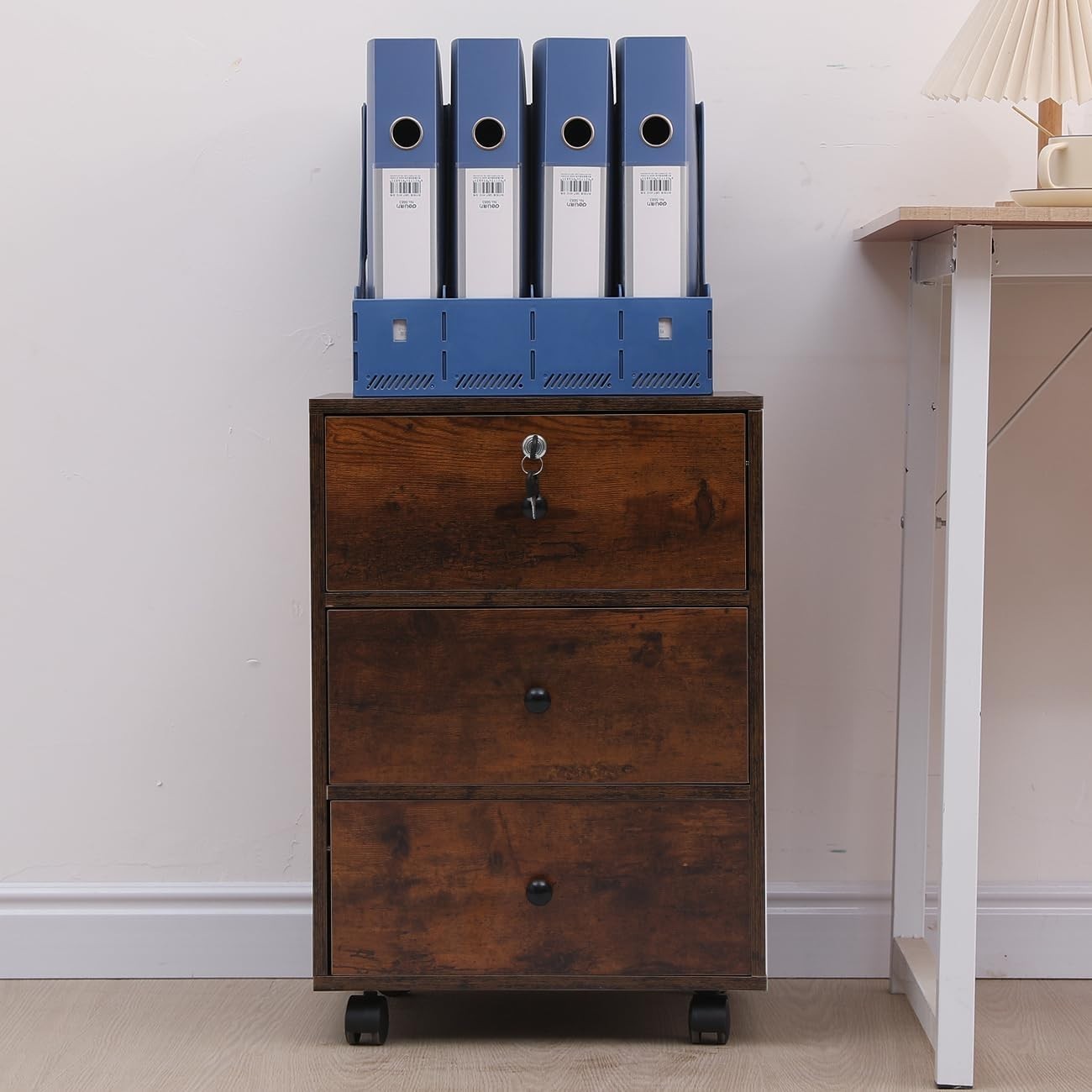 Rustic Brown Mobile Filing Cabinet 3 Drawer A4 Under Desk Storage