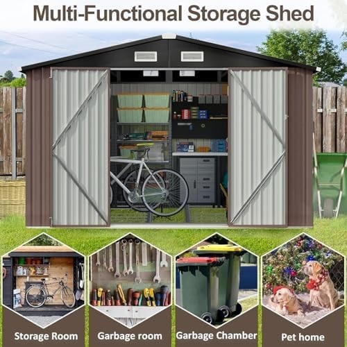 Metal Garden Shed 10x8ft Outdoor Storage Waterproof Tool Box Brown