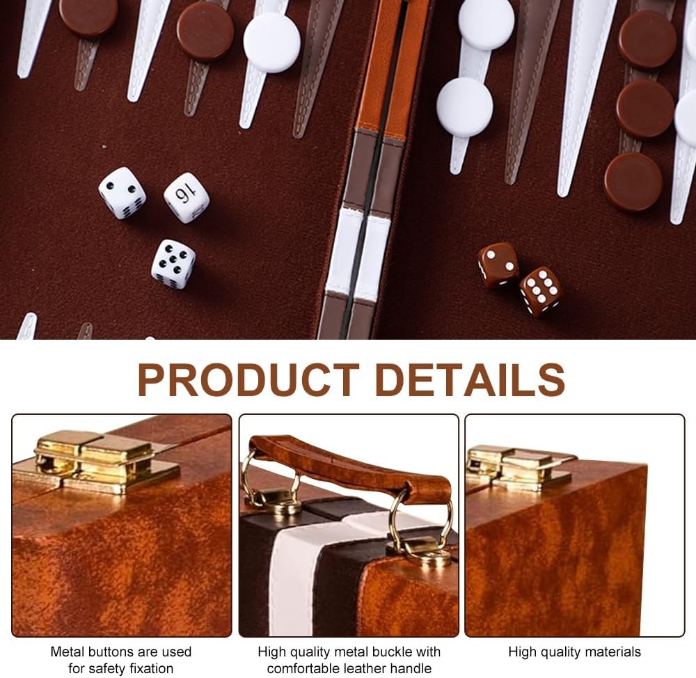 15 Inch Backgammon Set Leather Case Portable Board Game Dice Cups