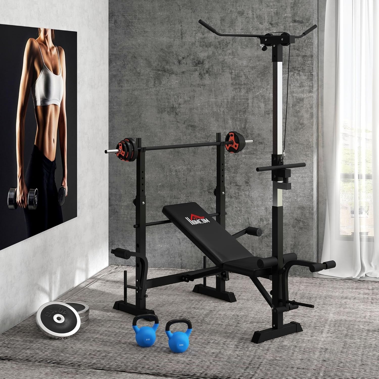 Adjustable Weight Bench Home Gym Set Squat Rack Pulley System