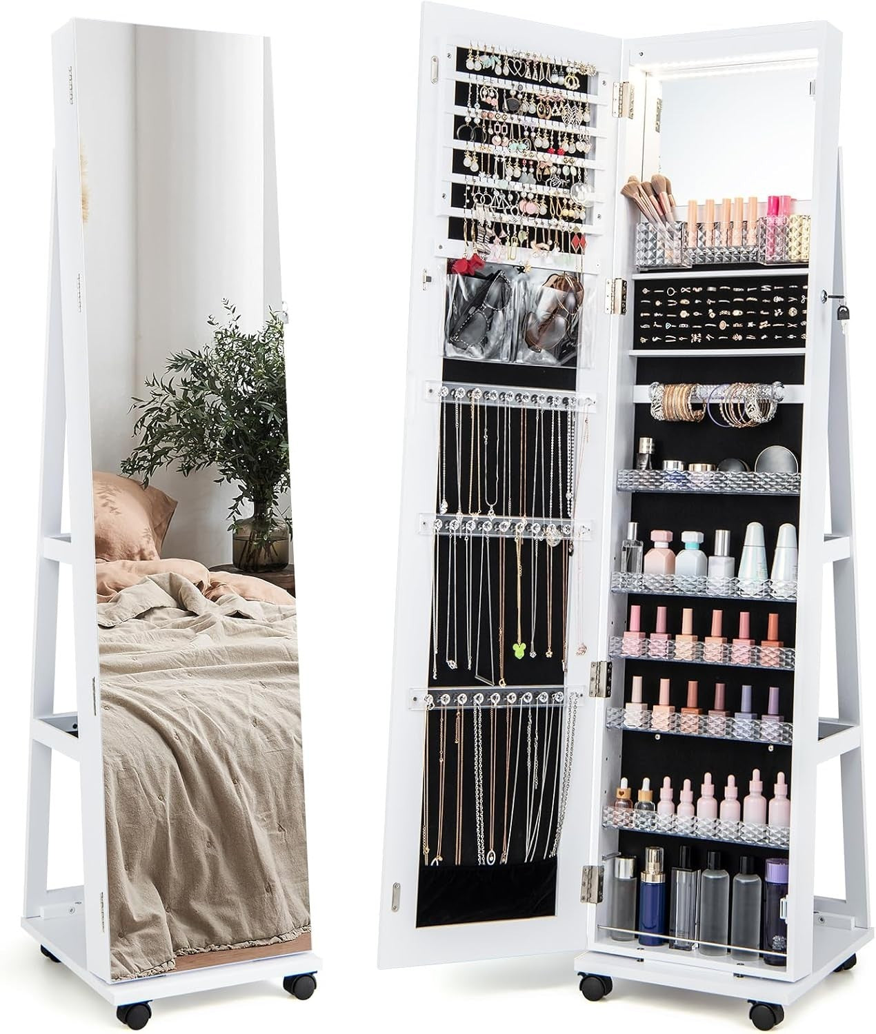 White 360° Rotating LED Jewellery Cabinet Lockable Mirror with Wheels