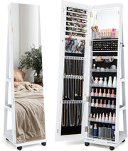 White 360° Rotating LED Jewellery Cabinet Lockable Mirror with Wheels