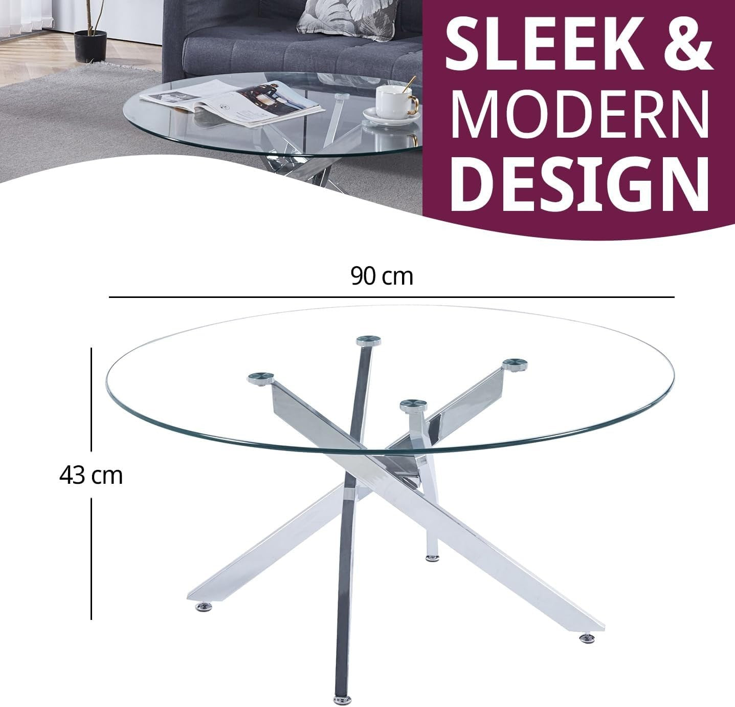 Modern Round Glass Coffee Table with Chrome Legs – Compact 90x43cm